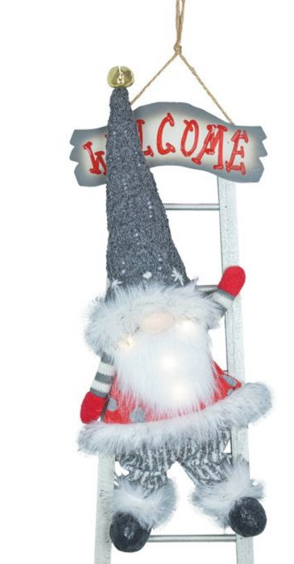 CANDY CANE SANTA GNOME ON LADDER WITH LIGHTS 2 ASST
