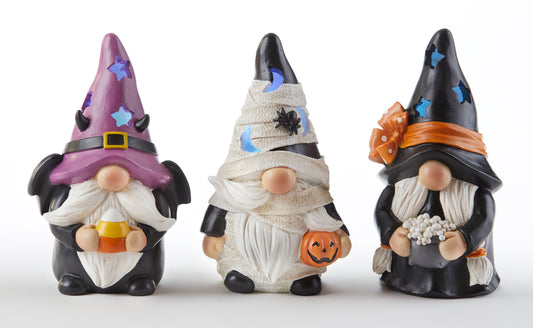 Set of 3Halloween LED Light up gnomes Witch, Mummy and Bat