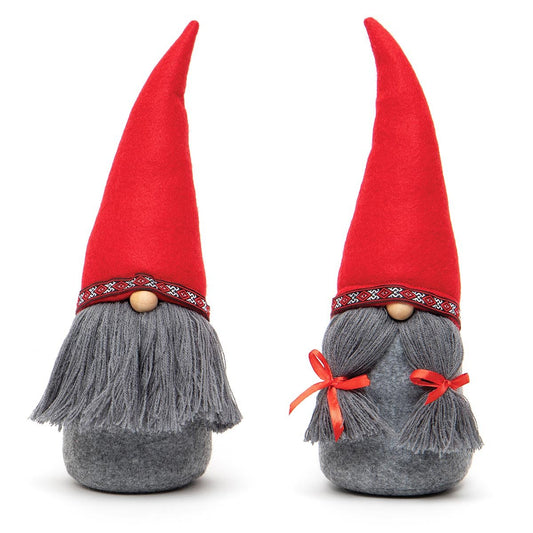 FRITZ AND FREDA GNOME RED/GREY WITH HAT, WOOD NOSE SET OF 2