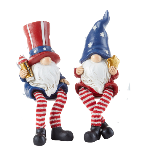 7.2" Resin Dangle Leg Americana Gnome Set of 2 - 4th of July USA Stars and Fireworks