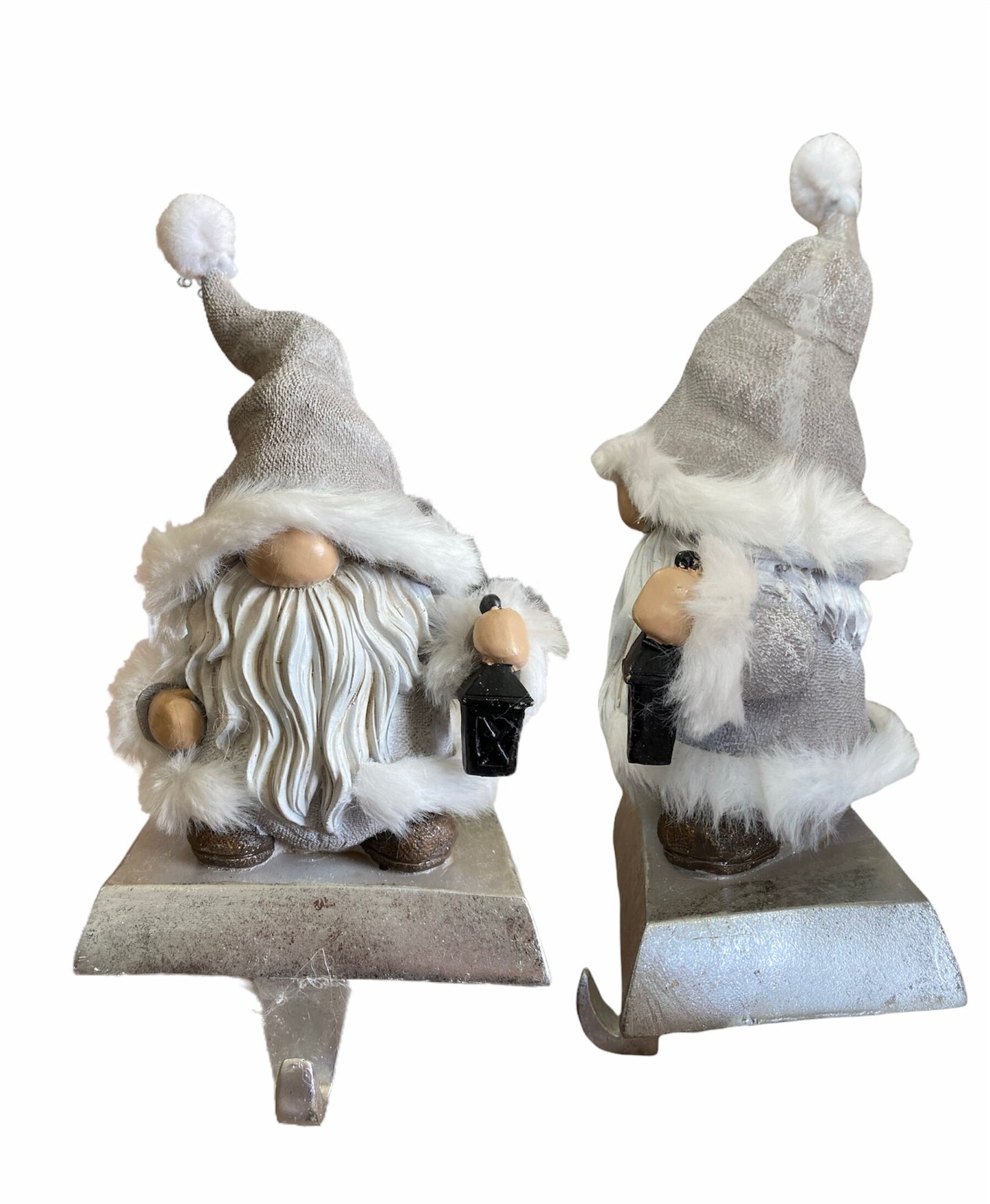 Santa Gnome White Christmas Stocking Holder with Lantern