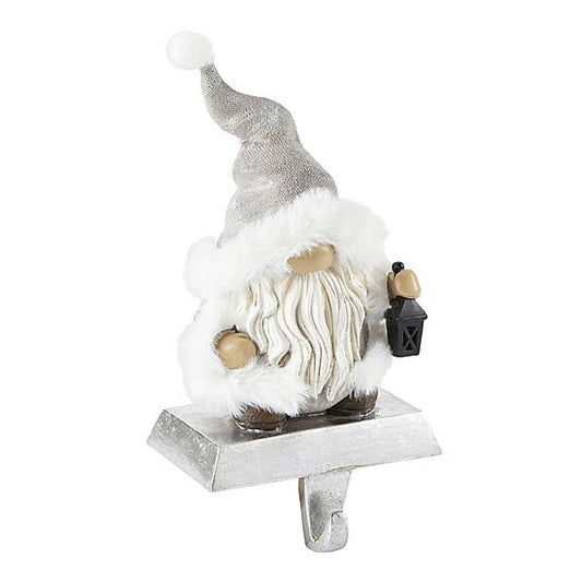 Santa Gnome White Christmas Stocking Holder with Lantern