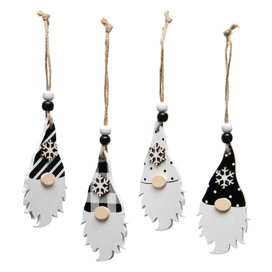 Gnome Head Ornament Pack Set of 4 Black and White Gnome Heads with Hats and Snowflakes - Wood