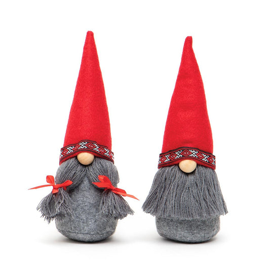 FRITZ AND FREDA GNOME RED/GREY WITH HAT, WOOD NOSE SMALL SET OF 2