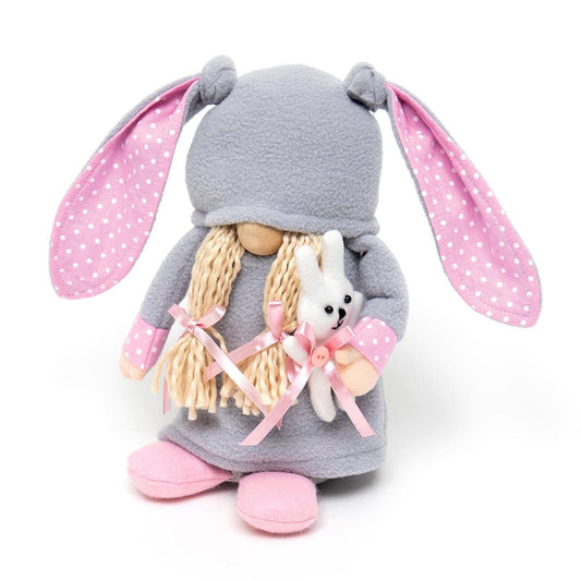 ZOEY WITH BUNNY GNOME WITH GREY BUNNY EARS HAT, BLONDE YARN HAIR