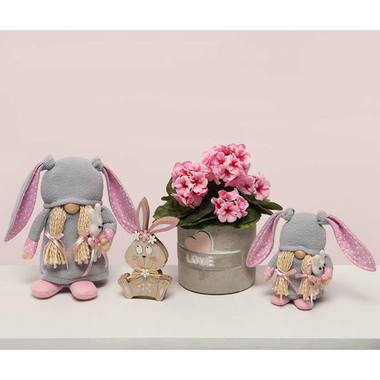 ZOEY WITH BUNNY GNOME WITH GREY BUNNY EARS HAT, BLONDE YARN HAIR