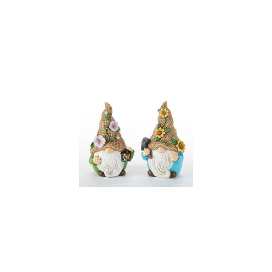 Set of 2 - 2.2 x 3.6" Resin Garden Gnomes Green and Blue with Flowers