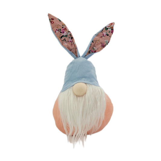 Large Fabric Rabbit Gnome Floral Ears Blue Hat and Pink Body