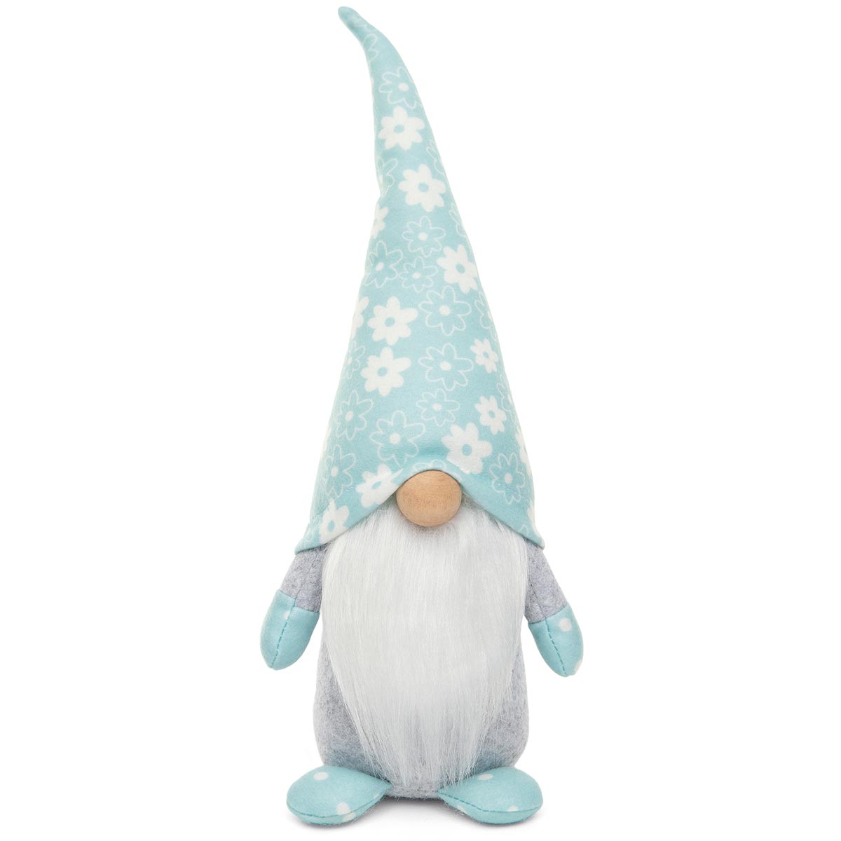 BLUE MEADOW GNOME WITH WIRED FLOWER HAT, WOOD NOSE