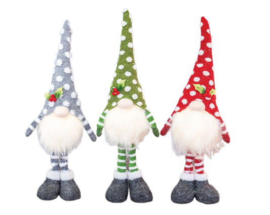 SPRIGHTLY WINTER GNOME STANDER WITH LIGHT-UP BEARD and POLKA DOT HATS WITH HOLLY- Pick from 3 Colors