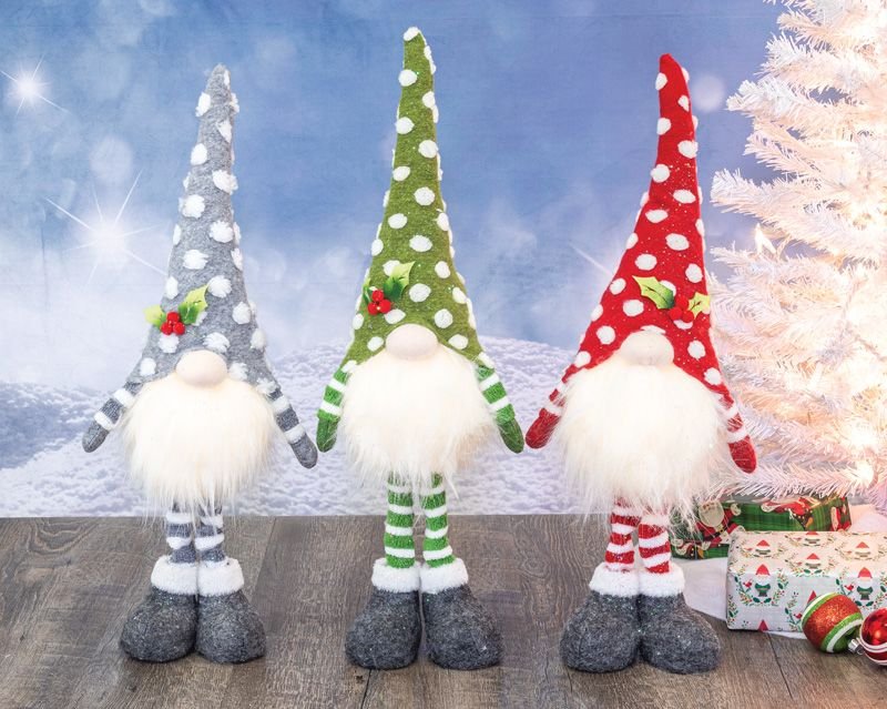 SPRIGHTLY WINTER GNOME STANDER WITH LIGHT-UP BEARD and POLKA DOT HATS WITH HOLLY- Pick from 3 Colors