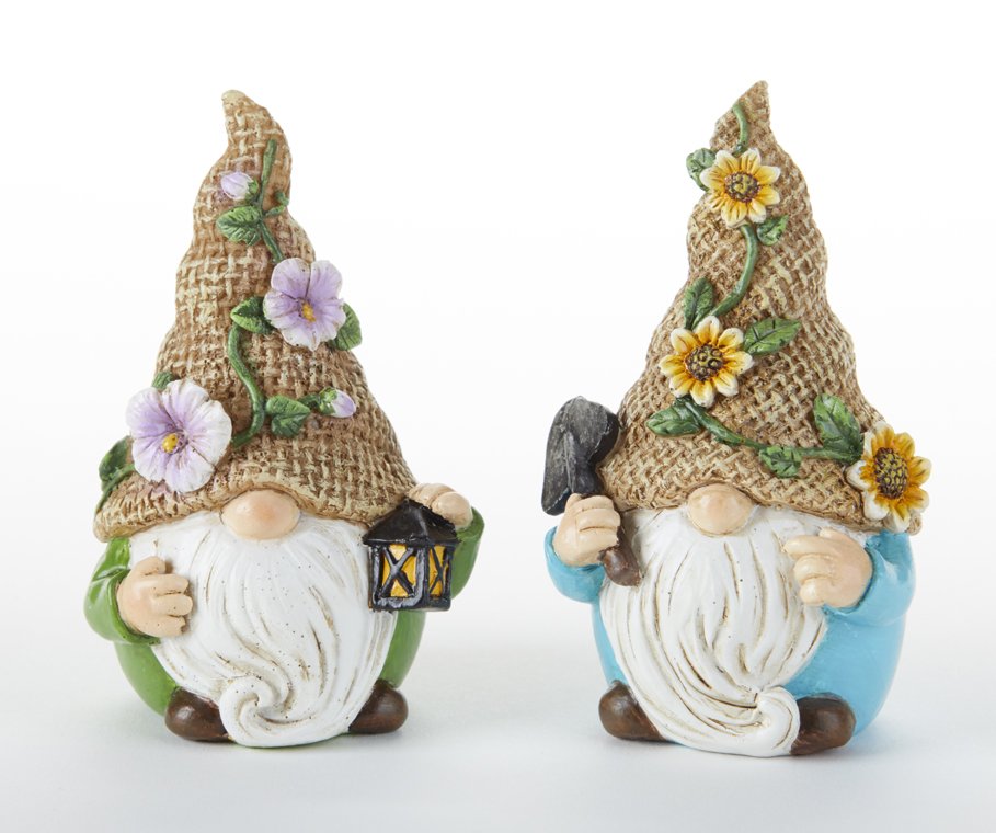 Set of 2 - 2.2 x 3.6" Resin Garden Gnomes Green and Blue with Flowers