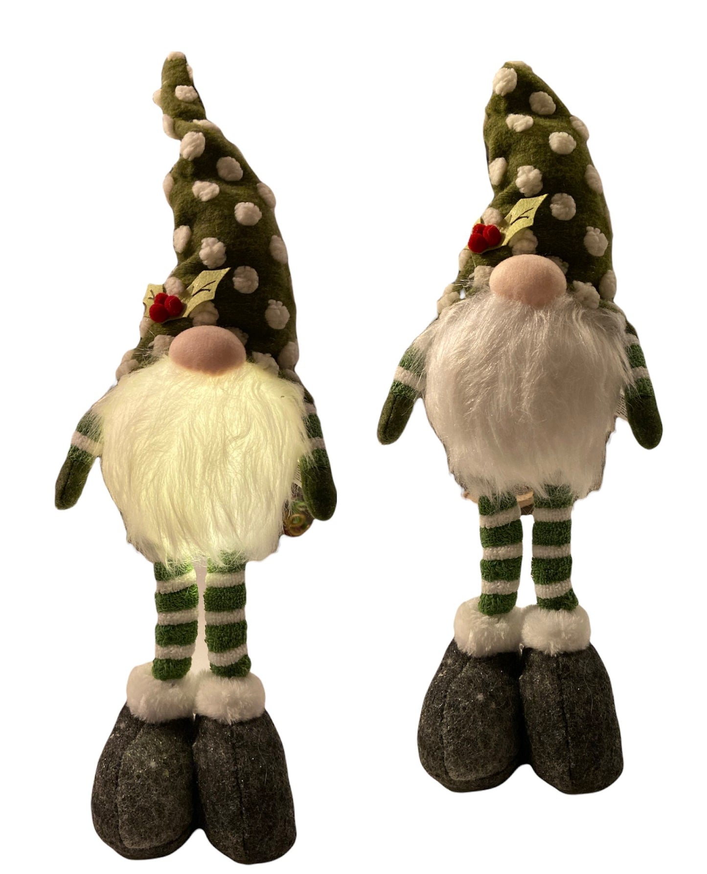 SPRIGHTLY WINTER GNOME STANDER WITH LIGHT-UP BEARD and POLKA DOT HATS WITH HOLLY- Pick from 3 Colors