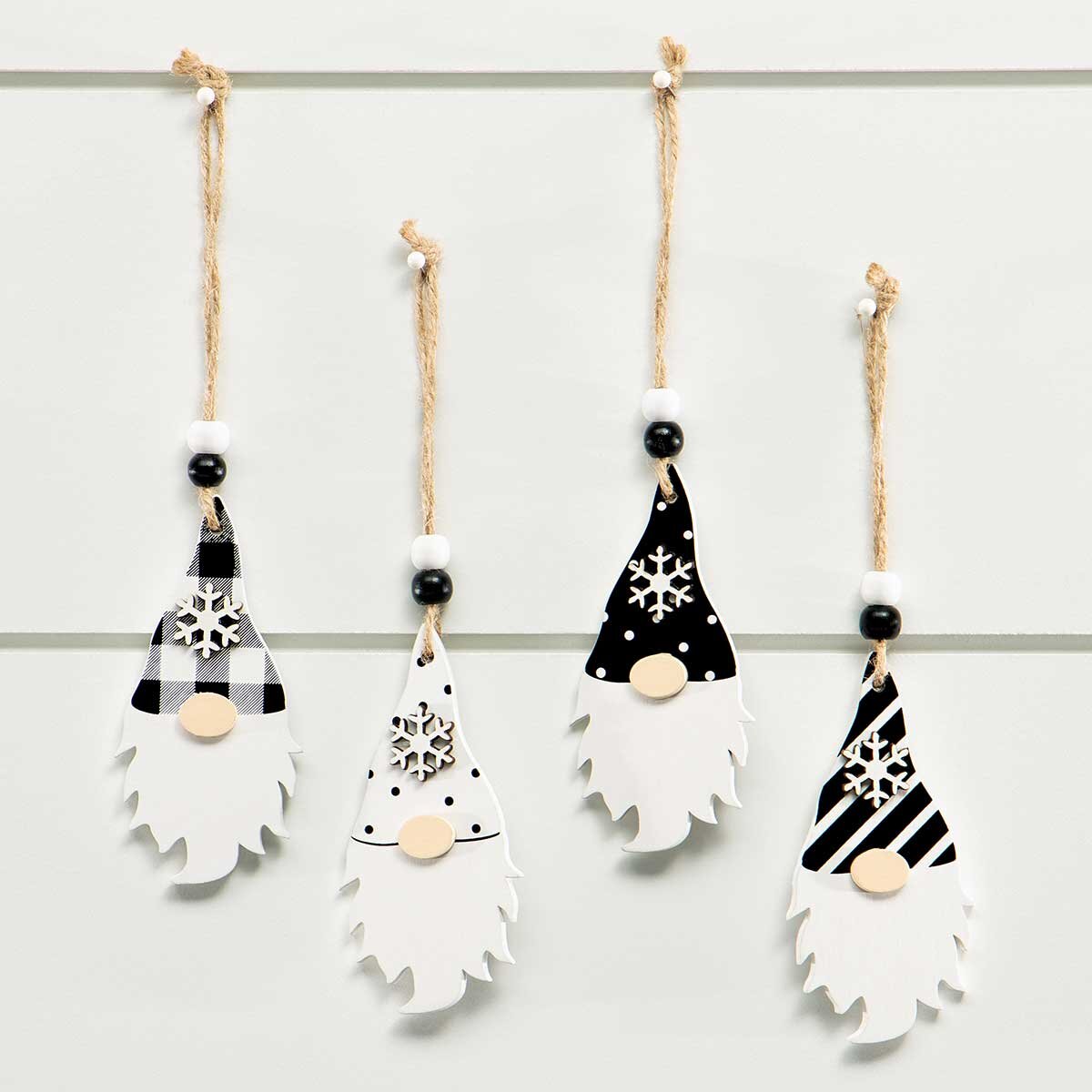 Gnome Head Ornament Pack Set of 4 Black and White Gnome Heads with Hats and Snowflakes - Wood